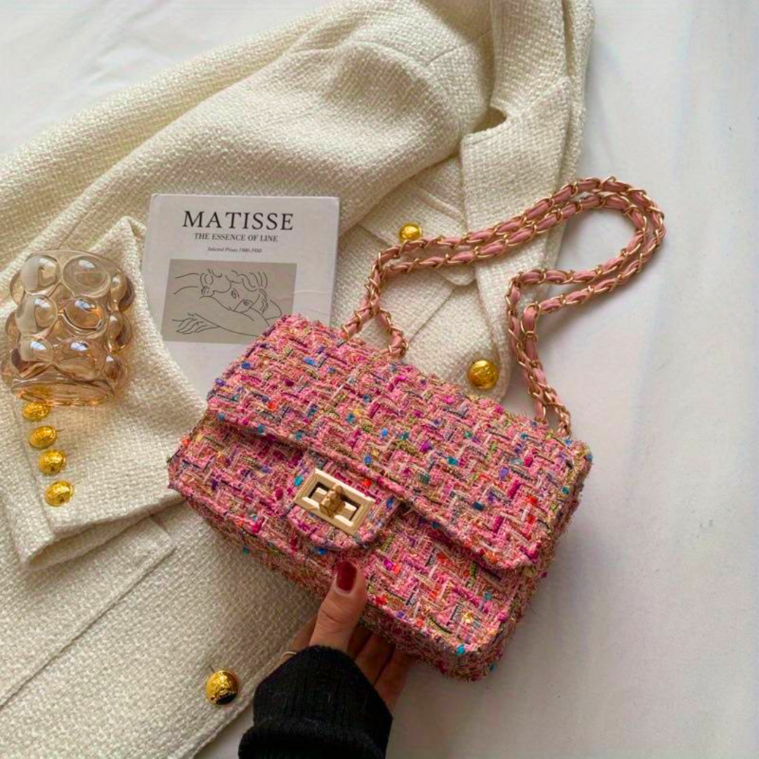 Sac en Tweed Multicolore | Chaîne Dorée Tressée | Élégant & Original