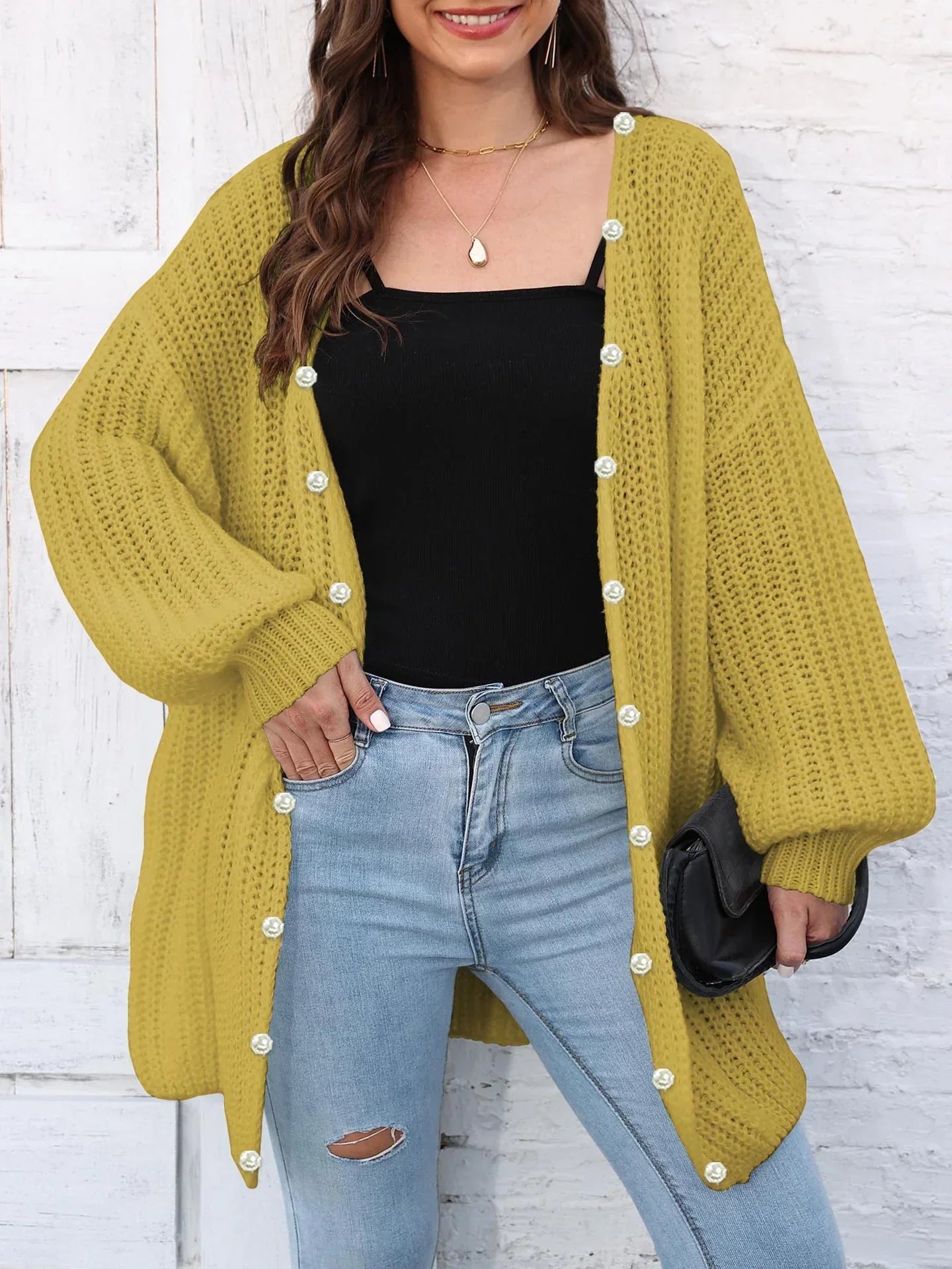 Cardigan Long | Maille Élégante | Boutons Perle & Confort