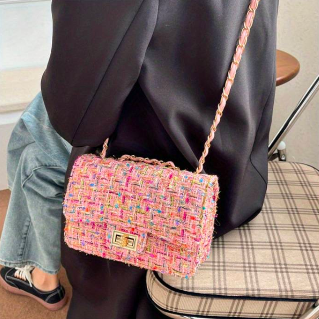 Sac en Tweed Multicolore | Chaîne Dorée Tressée | Élégant & Original