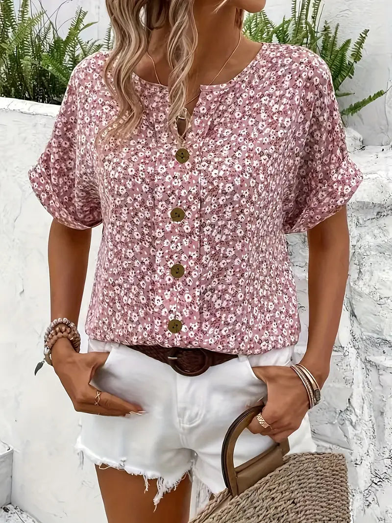 Blouse Fleurie | Rose Boutonnée | Légère et Décontractée