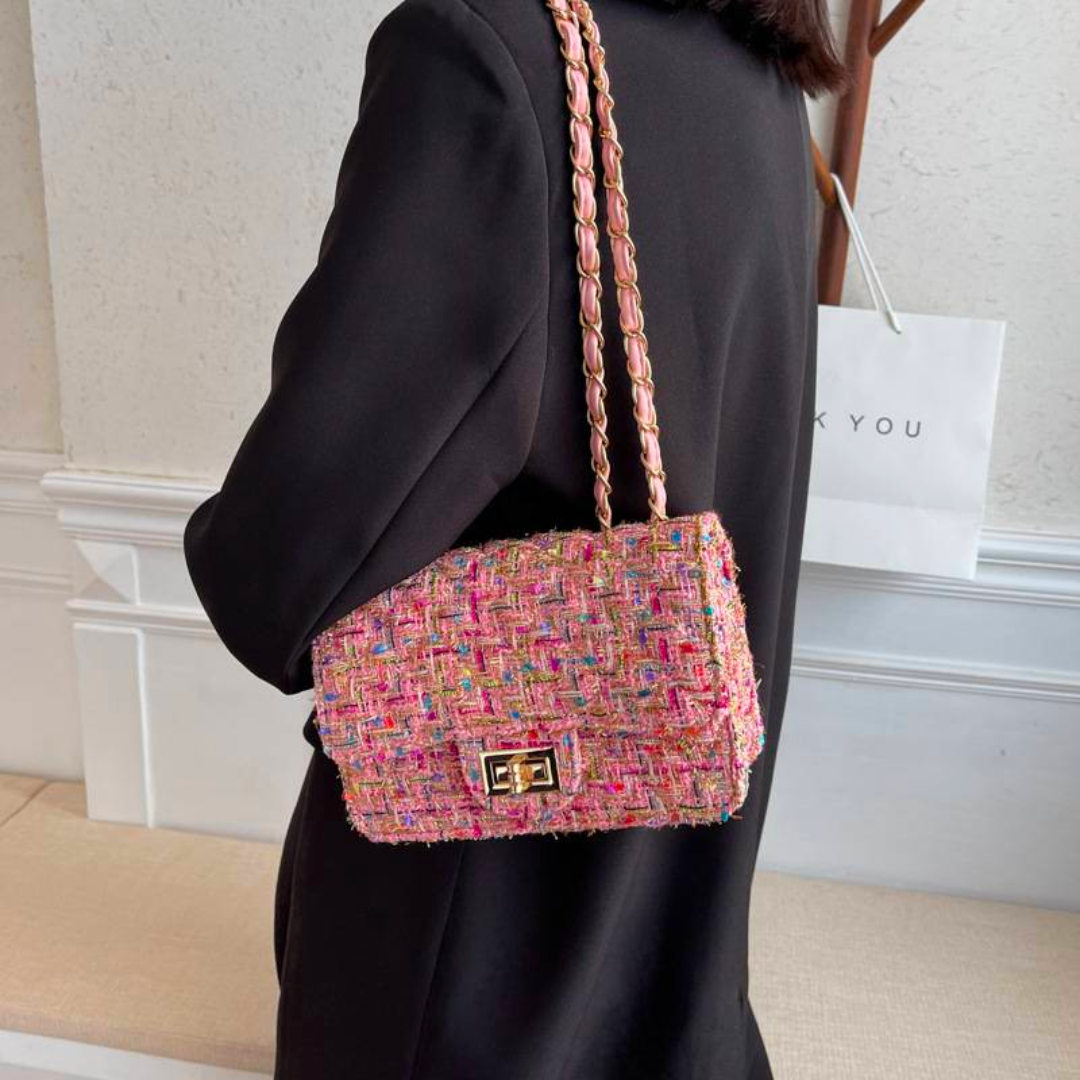 Sac en Tweed Multicolore | Chaîne Dorée Tressée | Élégant & Original