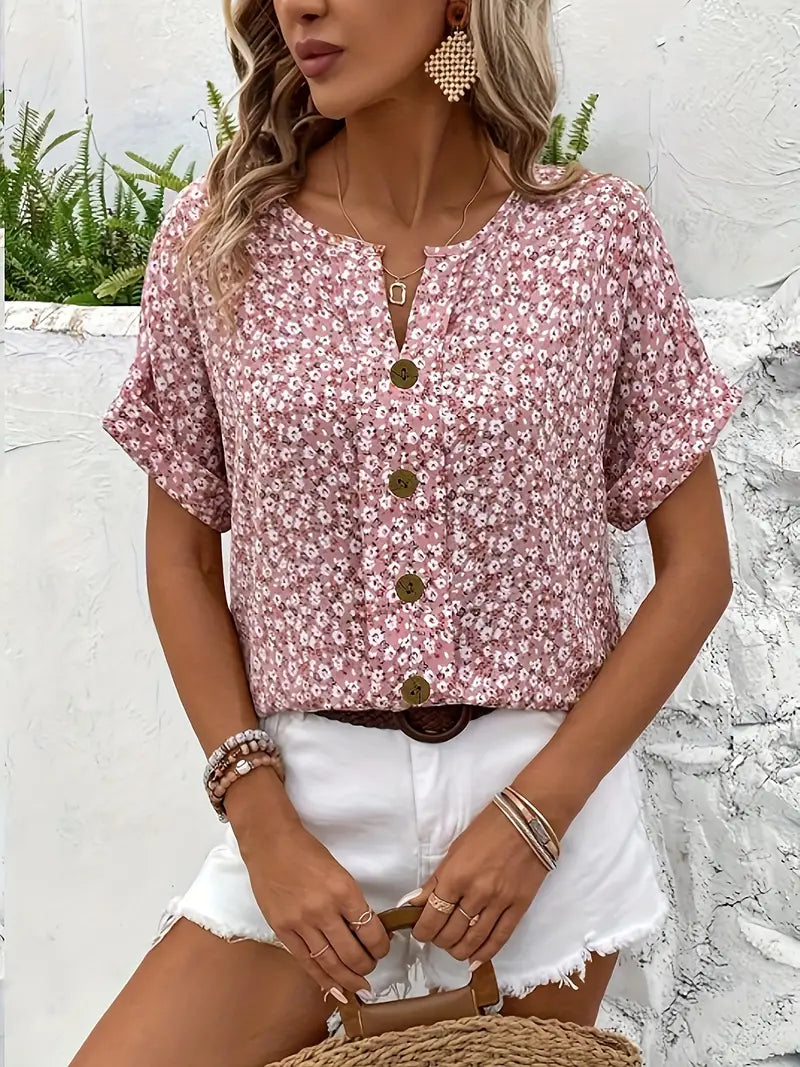 Blouse Fleurie | Rose Boutonnée | Légère et Décontractée