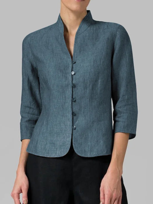 Blouse Femme en Lin | Col Mao | Élégante et Légère