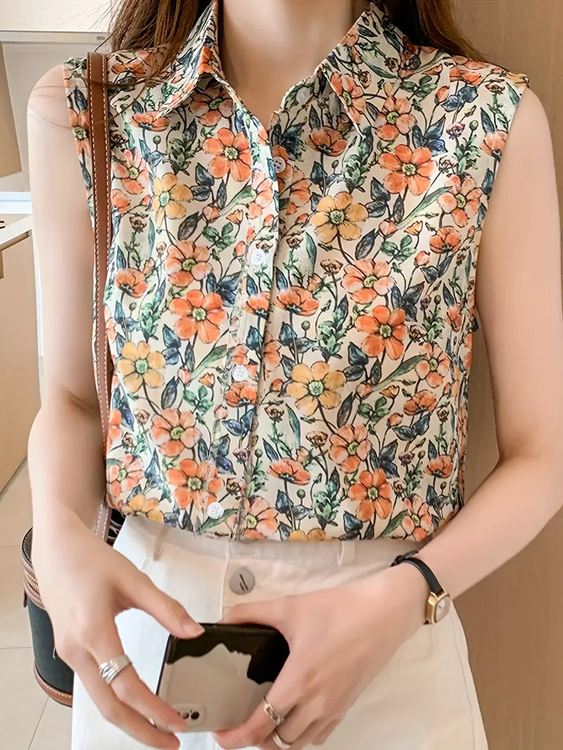 Fleur d'Été | Top Sans Manches à Imprimé Floral Boutonné
