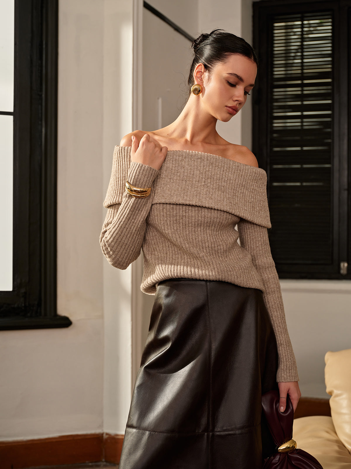 Clara - Pull Bardot | Beige | Élégant et Féminin