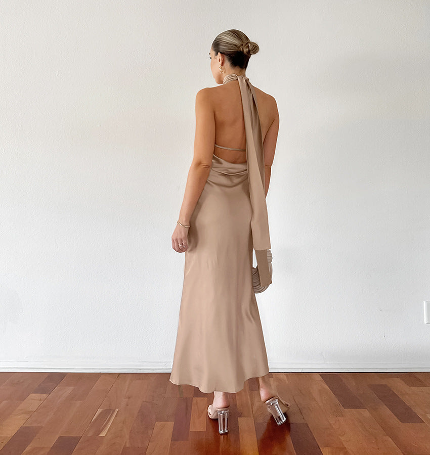 Robe Satinée Longue | Élégance & Fluidité | Col Haut Sophistiqué
