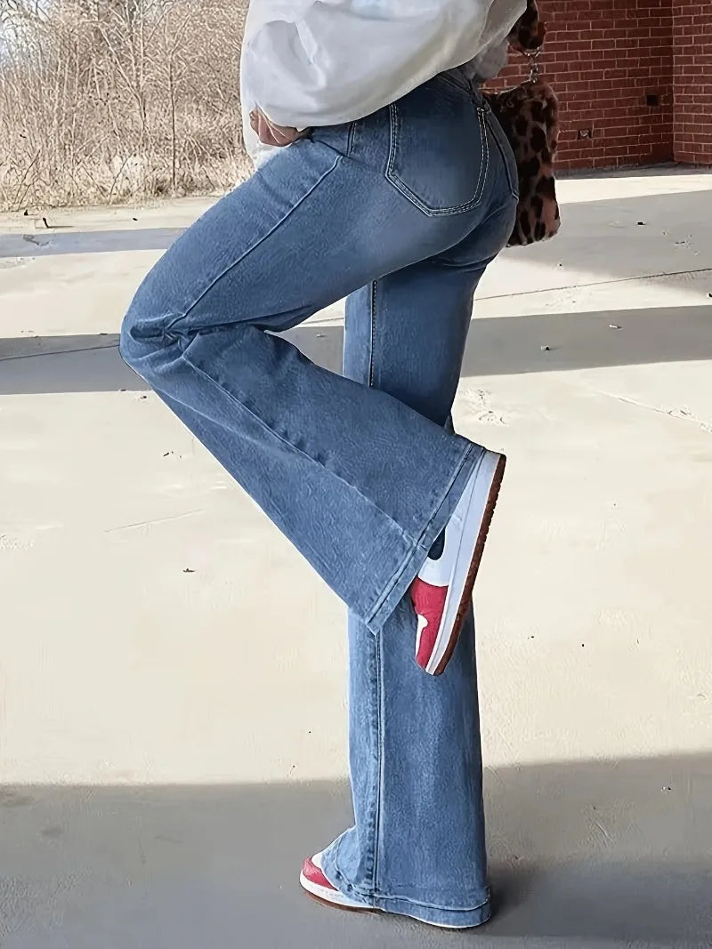 Jean Flare Taille Haute avec Délavage Vintage  |  Allure Décontractée