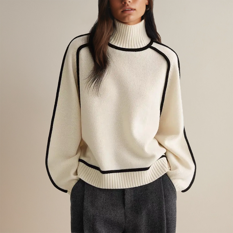 Pull Oversize | Col Roulé & Détails Contrastés | Chic & Confortable