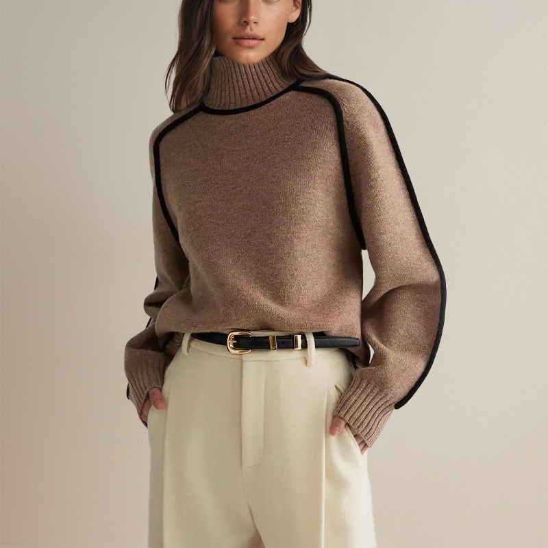 Pull Oversize | Col Roulé & Détails Contrastés | Chic & Confortable