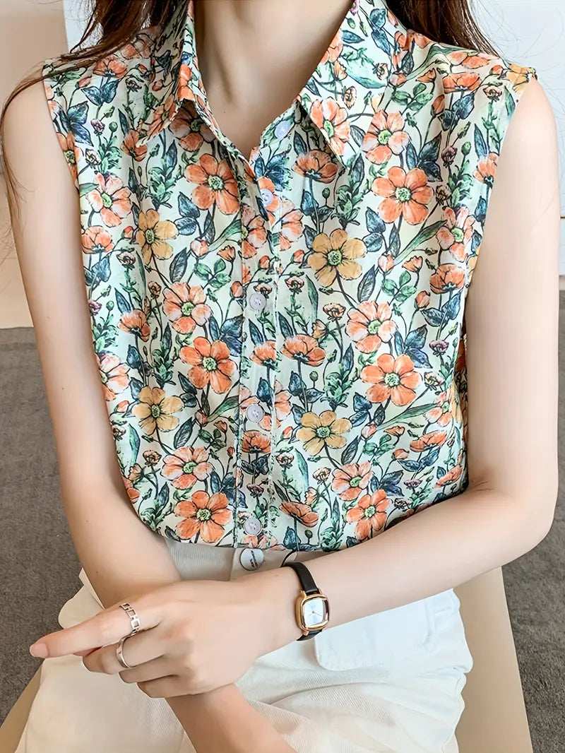 Fleur d'Été | Top Sans Manches à Imprimé Floral Boutonné