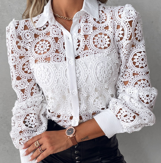 Blouse en Dentelle Brodée | Élégance Structurée et Moderne