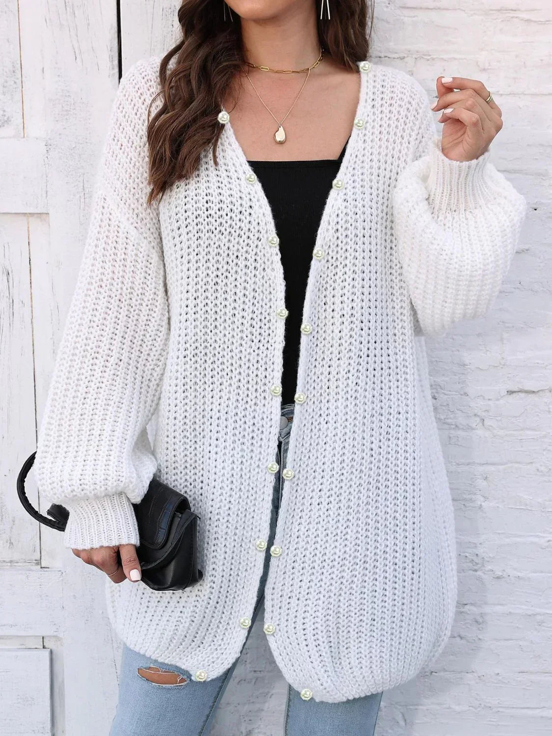 Cardigan Long | Maille Élégante | Boutons Perle & Confort