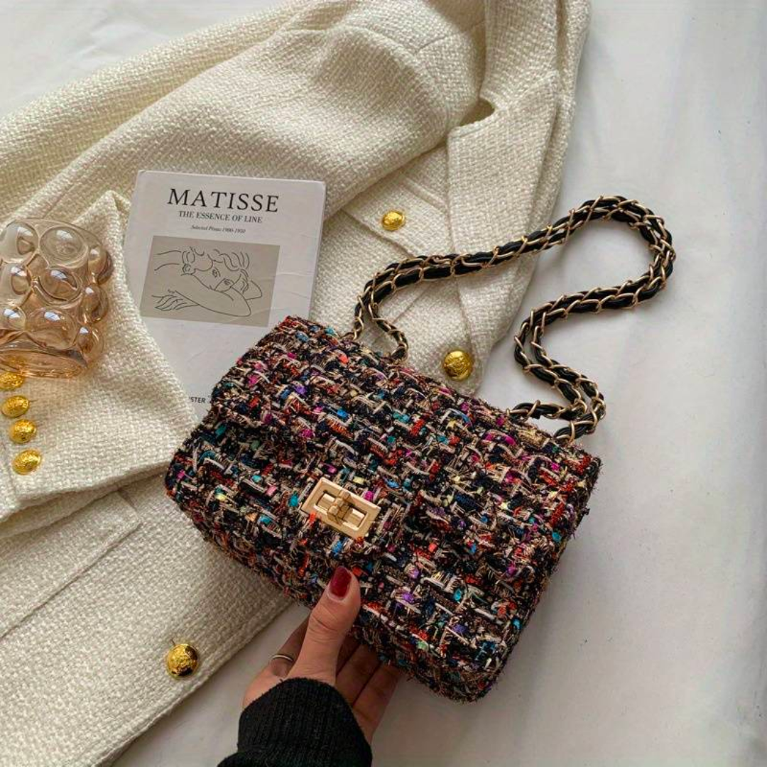 Sac en Tweed Multicolore | Chaîne Dorée Tressée | Élégant & Original