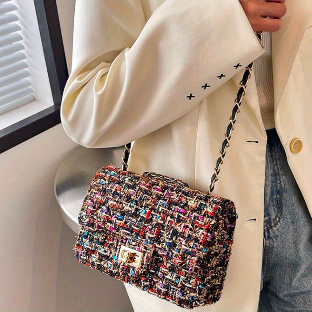 Sac en Tweed Multicolore | Chaîne Dorée Tressée | Élégant & Original