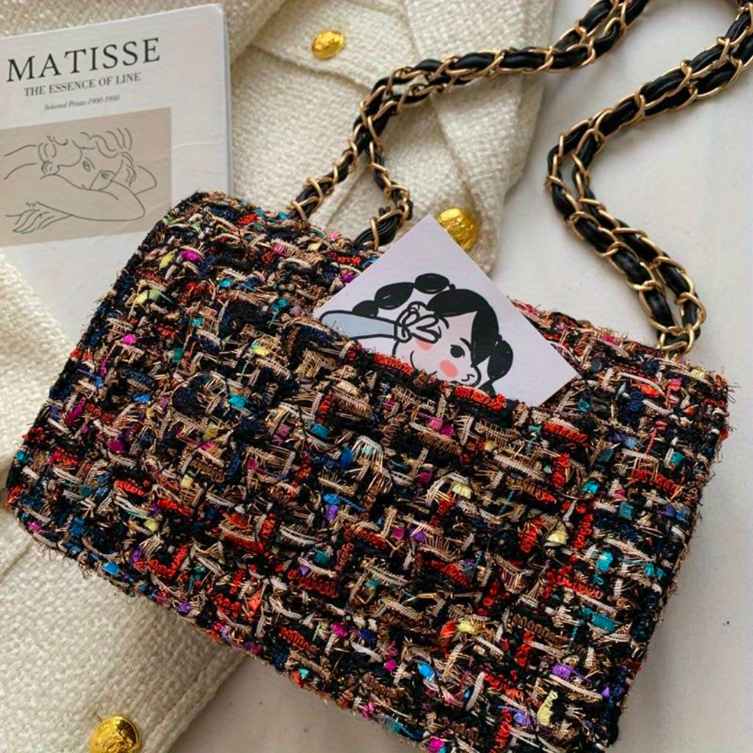 Sac en Tweed Multicolore | Chaîne Dorée Tressée | Élégant & Original