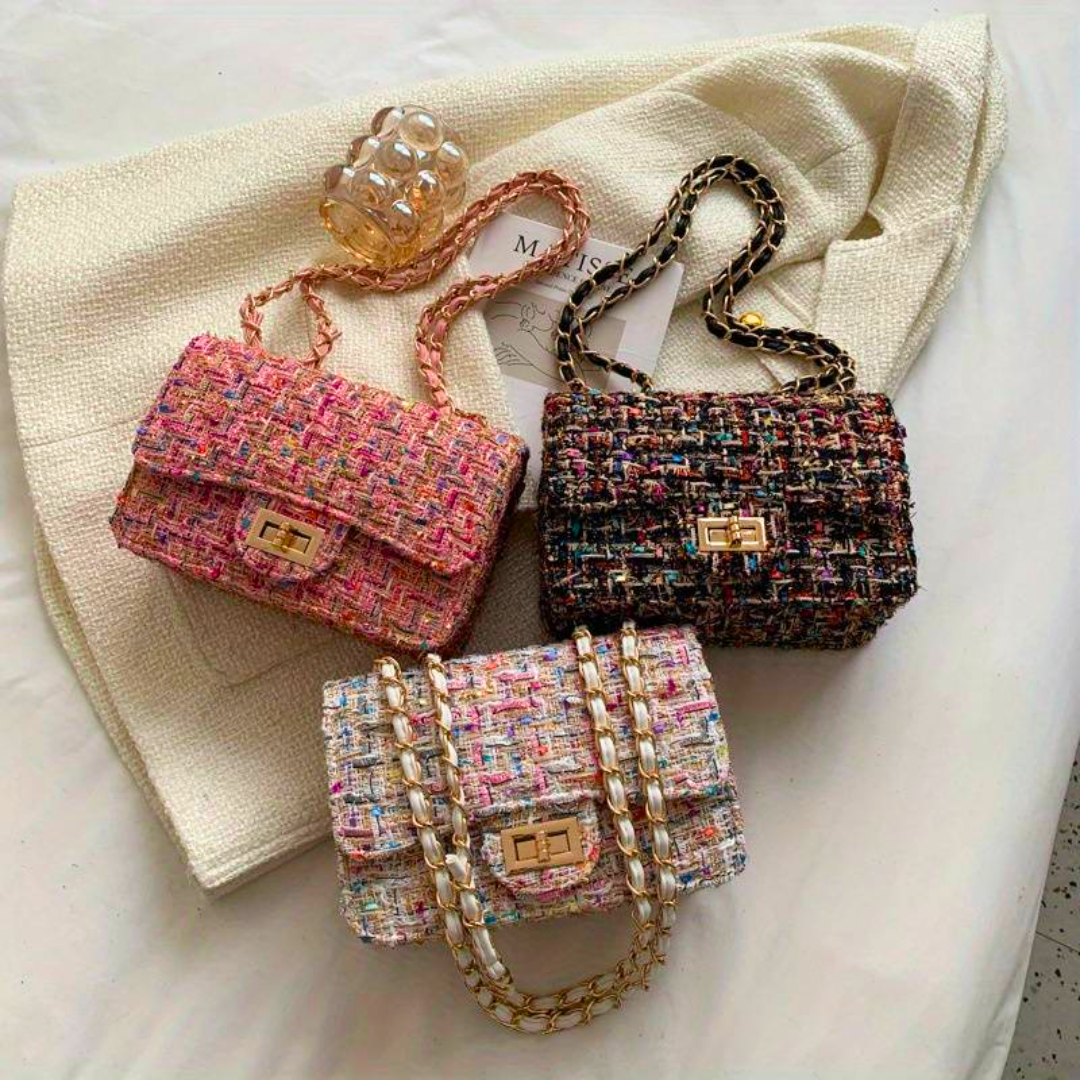 Sac en Tweed Multicolore | Chaîne Dorée Tressée | Élégant & Original