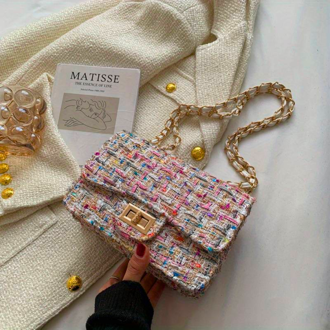 Sac en Tweed Multicolore | Chaîne Dorée Tressée | Élégant & Original