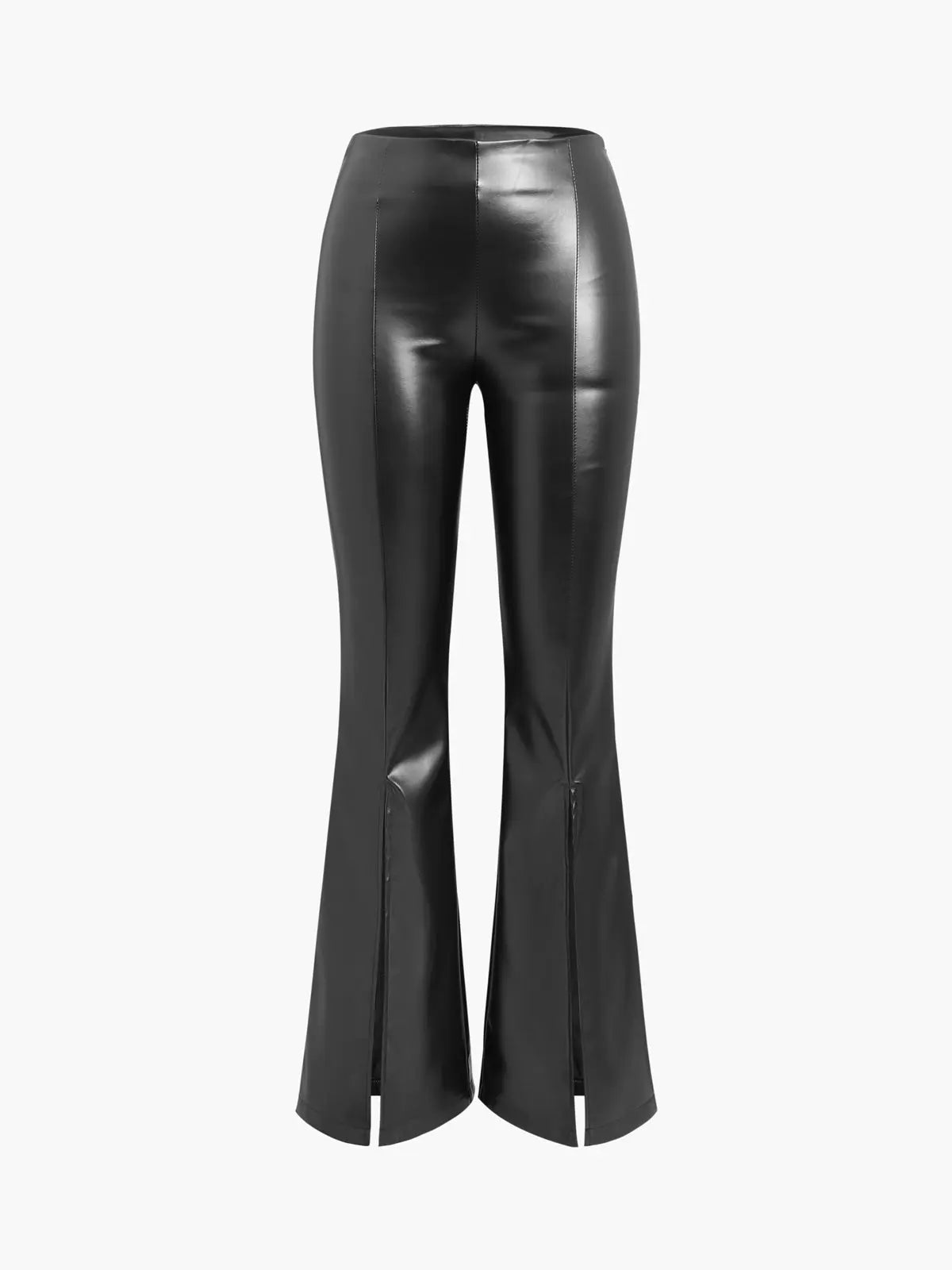 Pantalon Évasé Effet Cuir avec Fente  |  Élégance Moderne