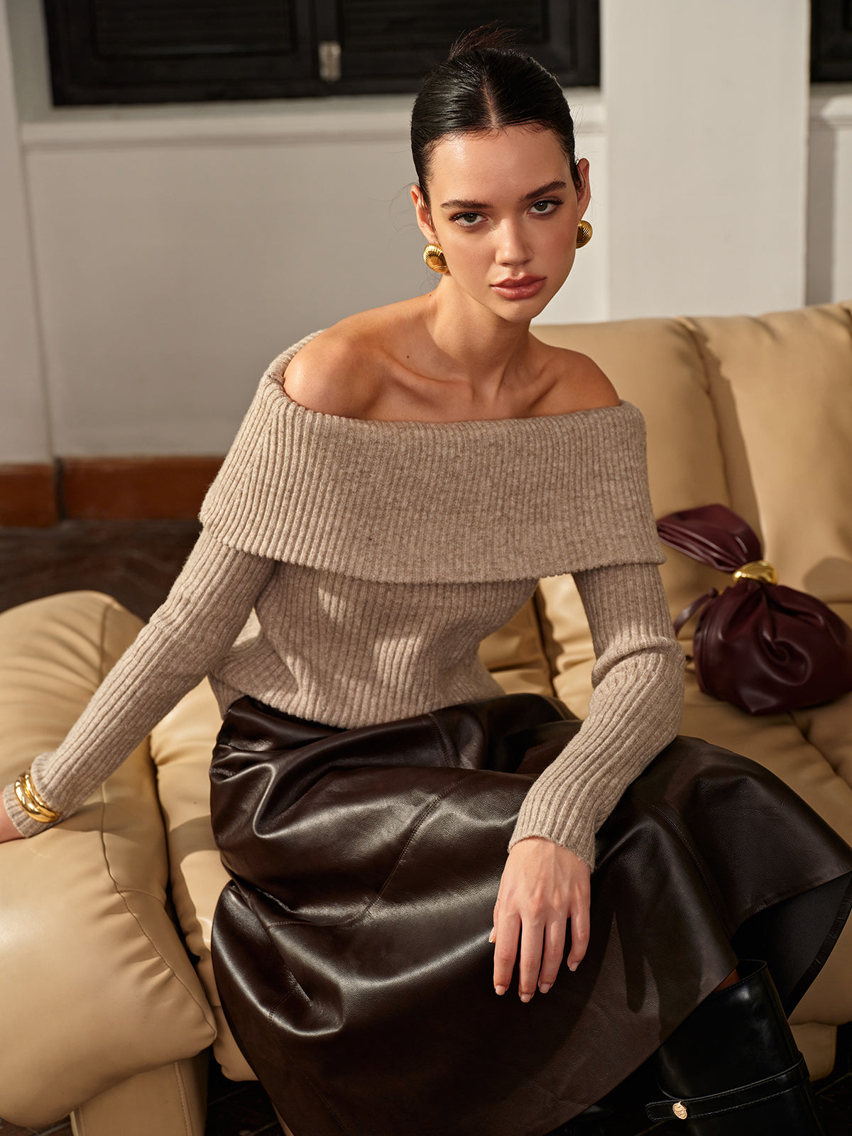 Clara - Pull Bardot | Beige | Élégant et Féminin