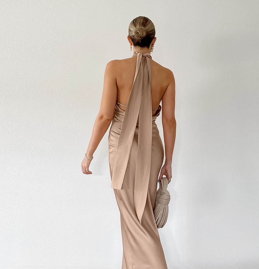 Robe Satinée Longue | Élégance & Fluidité | Col Haut Sophistiqué
