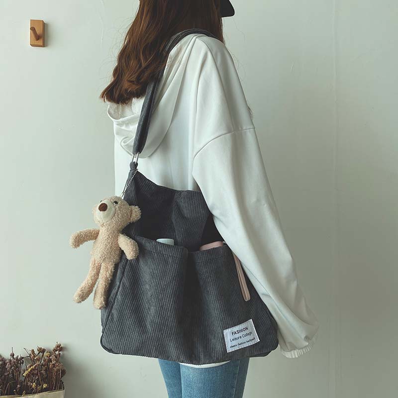 Casual Tendre | Sac Cabas en Velours Côtelé avec Porte-Clé Ourson
