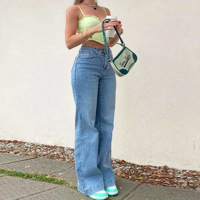 Jean Flare Taille Haute avec Délavage Vintage  |  Allure Décontractée