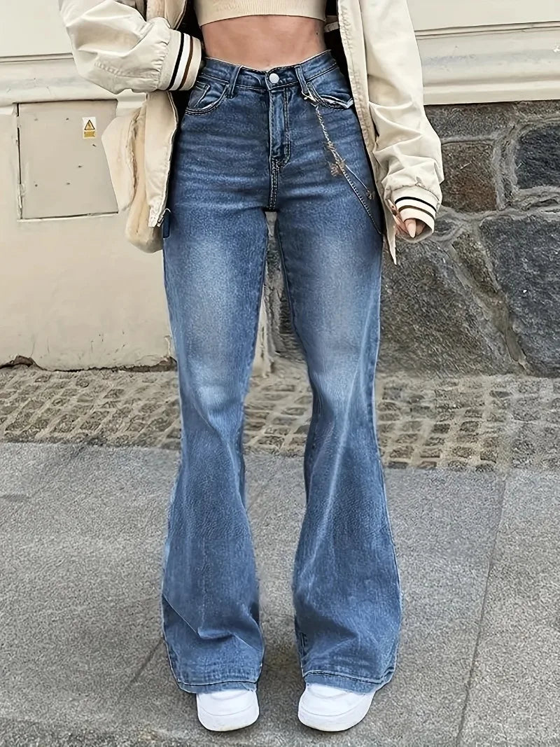 Jean Flare Taille Haute avec Délavage Vintage  |  Allure Décontractée