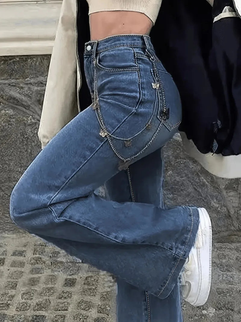 Jean Flare Taille Haute avec Délavage Vintage  |  Allure Décontractée