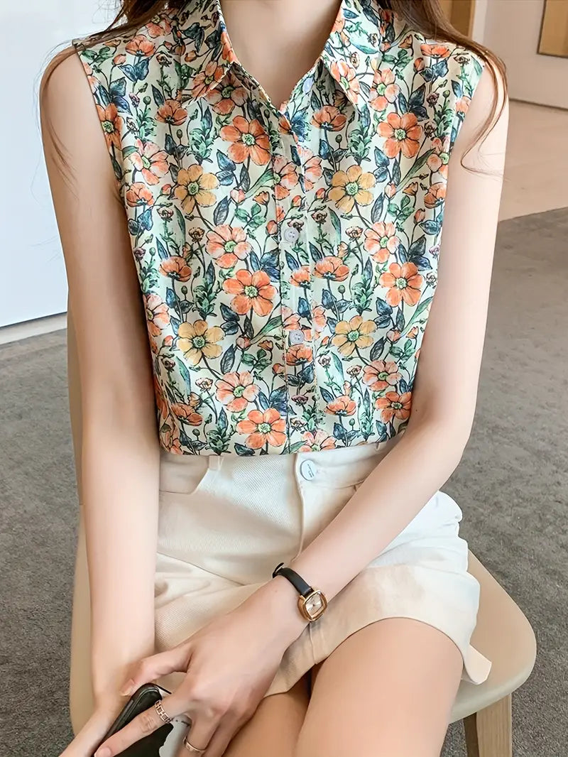 Fleur d'Été | Top Sans Manches à Imprimé Floral Boutonné