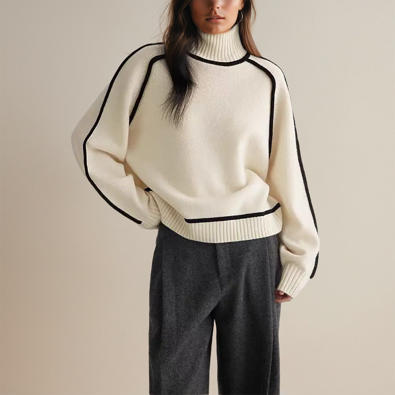 Pull Oversize | Col Roulé & Détails Contrastés | Chic & Confortable