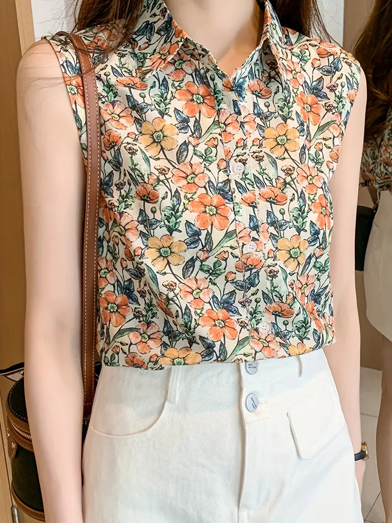 Fleur d'Été | Top Sans Manches à Imprimé Floral Boutonné